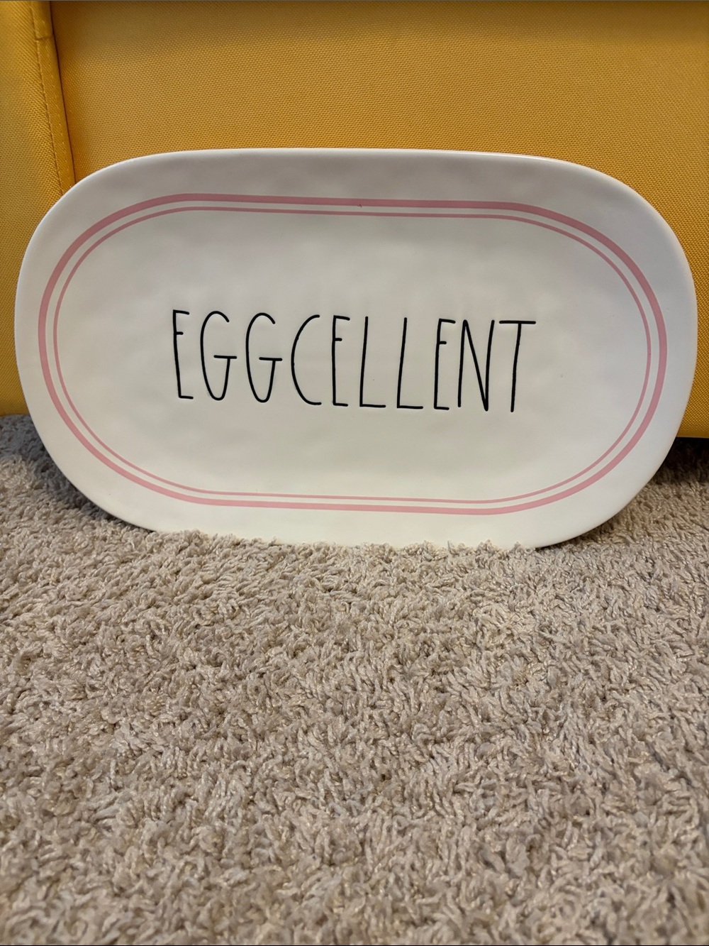 Rae Dunn White Platter with Pink Trim and 'EGGCELLENT' Lettering